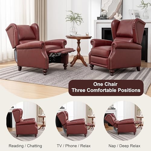 SHINE FURNISHING Genuine Leather Recliner Chair with Nailhead Trim, Mid Century Modern Push Back Recliner with Thick Cushioned Seat, Single Sofa & Accent Chair for Living Room (Burgundy)