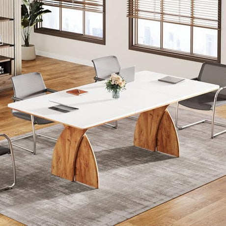 Tribesigns 70.87-Inch Conference Table for 6-8 People, 6 ft Meeting Table with Crossed Legs, Industrial Business Training Desk for Office Conference, Meeting Room (White & Brown) Tribesigns