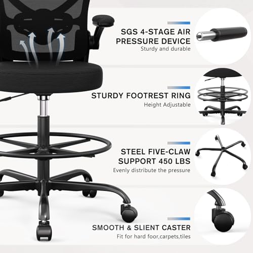 Alolo Drafting Chair,Big and Tall Office Chair with Footrest Ring,Ergonomic Chair for Counter Height and Standing Desk Comfy with Lumbar Support and Flip-up Armrests in Heavy Rolling Base,Black Alolo