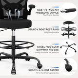 Alolo Drafting Chair,Big and Tall Office Chair with Footrest Ring,Ergonomic Chair for Counter Height and Standing Desk Comfy with Lumbar Support and Flip-up Armrests in Heavy Rolling Base,Black Alolo