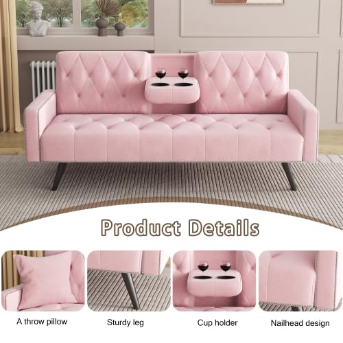 72" Pink Velvet Futon Couch Living Room Couch Bed Convertible Sleeper Sofa Bed with Cup Holder for Bedroom Guest Bed 2 Seater Reclining Sofas Couches with Nailhead Trim for Small Space (Pink) anwickjeff