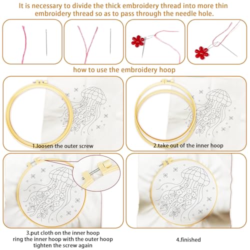 BEUNITONE 4 Pack Beginner Embroidery Kit for Adults, Mysterious Marine Animals Flowers Pre-Stamped Pattern Needlepoint Kits with Hoop & Instruction, Hand Embroidery Kits for Fabric and Home Decor