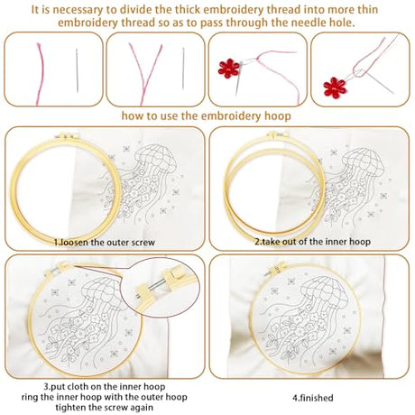 BEUNITONE 4 Pack Beginner Embroidery Kit for Adults, Mysterious Marine Animals Flowers Pre-Stamped Pattern Needlepoint Kits with Hoop & Instruction, Hand Embroidery Kits for Fabric and Home Decor BEUNITONE