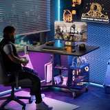 Pamray Small Rolling Gaming Desk with Led Lights Power Outlets and Storage Pegboard, Small Spaces Compact PC Computer Table Balck Pamray