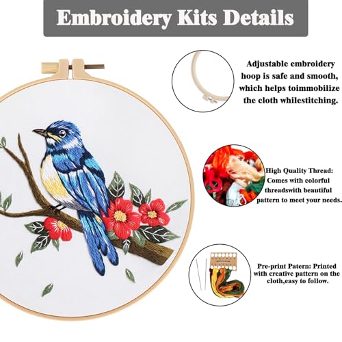 GLTAYLMY 3 Sets Embroidery Kit for Beginners Needlepoint Cross Stitch Kits for Adults,Stitch Learning DIY Kit with Easy Instruction,Stamped Bird Embroidery Patterns,Hoop,Threads,Sewing Hobby