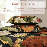 Tyrot 3 Piece Black Boho Floral King Size Quilt Sets Reversible Farmhouse Botanical Lightweight Bedspread Coverlet with 2 Shams Mid Century Microfiber Bedding Quilts Set for All Season,106''x96'' Tyrot