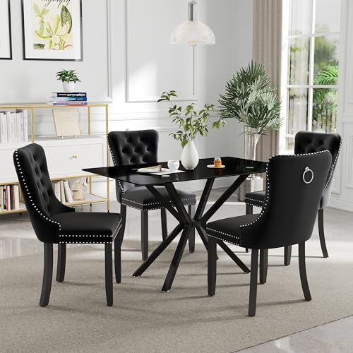 HAIZAO 5 Pieces Modern Luxury Glass Dining Set, Minimalist Rectangle Dinner Room Set for 4, 47'' Black Glass Top Kitchen Table Set with Black Tufted Chairs, for Small Apartment Home HAIZAO