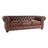 BOWERY HILL 95" W Traditional Leather Tufted Back Chesterfield Sofa with Removable Seat Cushions, Leg Assembly Required, for Living Room, in Chestnut Finish BOWERY HILL