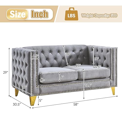 Velvet Living Room Sofa Set of 2, Comfy Loveseat and 3 Seater Couch, Modern Sofa with Tufted Back and Rivet Decoration, Upholstered Long Couch with Solid Golden Metal Tapered Legs, Grey - WoodArtSupply