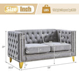 Velvet Living Room Sofa Set of 2, Comfy Loveseat and 3 Seater Couch, Modern Sofa with Tufted Back and Rivet Decoration, Upholstered Long Couch with Solid Golden Metal Tapered Legs, Grey KINFFICT