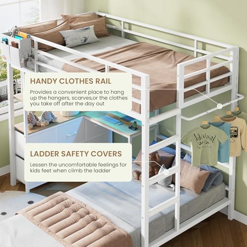 DICTAC Bunk Bed with L-Shaped Desk,5 Storage Drawers and 2 Shelves Metal Twin XL Over Twin Bunk Bed with LED Lights and Charging Station,bunk Beds with Safety Guardrail & Ladder,Space-Saving,White DICTAC