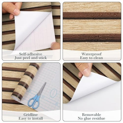 Arthome Wood Slat Wallpaper 17''x120'' Peel and Stick self Adhesive Wood Wallpaper PVC Vinyl Decorative Removable Wallpaper Waterproof Faux Wood Grating Stripe Contact Paper for Living Room B - WoodArtSupply