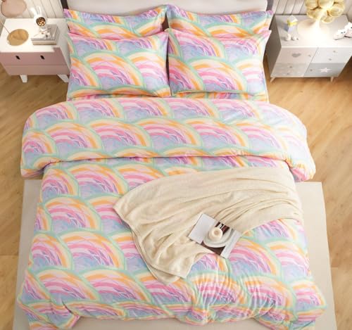 SDY 7PCS Rainbow Bedding Set Queen Bed in A Bag Set 7 Piece Mermaid Bedding for Kids,Boys and Girls with Rainbow Comforter Queen and Mermaid Sheets SDY
