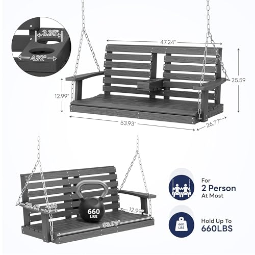 KINGYES Outdoor Hanging Porch Swing, 2 Seat Patio Swing Chair with Cup Holders, Waterproof Swing Chair Bench for Courtyard & Garden, 660LBS Weight Capacity, Gray KINGYES