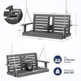 KINGYES Outdoor Hanging Porch Swing, 2 Seat Patio Swing Chair with Cup Holders, Waterproof Swing Chair Bench for Courtyard & Garden, 660LBS Weight Capacity, Gray KINGYES