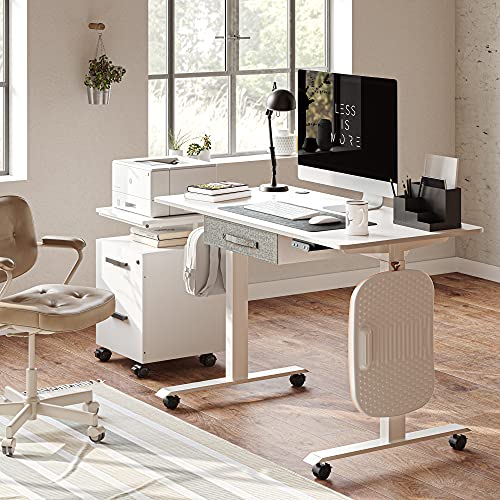 FEZIBO 48 x 24 Inches Standing Desk with Drawer, Adjustable Height Electric Stand up Desk with Storage, Sit Stand Home Office Desk, Ergonomic Computer Desk, White - WoodArtSupply