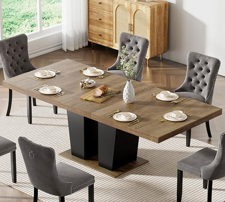 KUVADAZ 78.74" Extendable Dining Room Table for 6 8 10, Modern Farmhouse Wooden Long Large Rectangular Expanding Conference Kitchen Table with Dual Columns Base, Brown+Black KUVADAZ