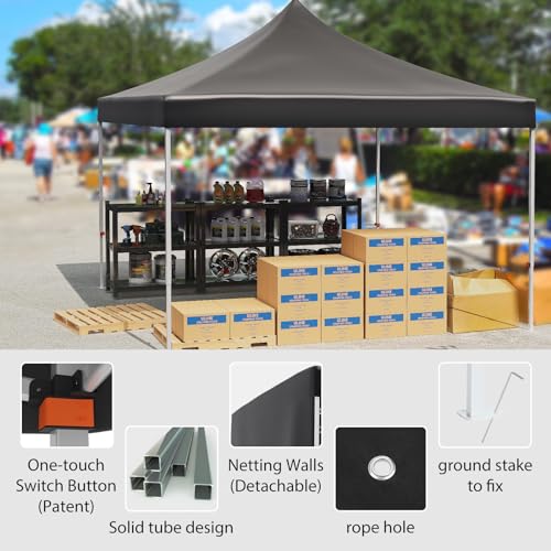 GarveeLife Commercial Canopy Tent 10*10ft,Instant Gazebo Tent, Outdoor Portable Shelter With 3 Sidewalls, Windows, Wheeled Bag,Stakes and Ropes,Pop Up Canopy Tent for Outdoor/Parties and Events-black GarveeLife