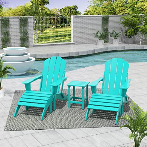 WestinTrends Malibu Outdoor Lounge Chairs Set, 5-Pieces Adirondack Chair Set of 2 with Ottoman and Side Table, All Weather Poly Lumber Patio Lawn Folding Chair for Outside, Turquoise