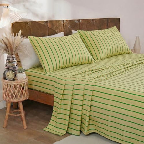 Merryword 100% Cotton Sheet Set Queen Size, Khaki & Green Stripes Bedding, Soft Breathable Percale Weave, Modern Minimalist, Luxury Linen Like, Deep Pocket Fitted Sheet 17.5" Merryword