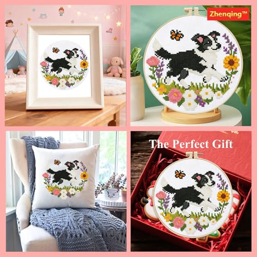 Zhenqing Collie Dog Cross Stitch Kit with Floral Garden, 11CT Printed 24x24cm, Beginner Embroidery Set Including 20cm Hoop(70795)