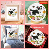 Zhenqing Collie Dog Cross Stitch Kit with Floral Garden, 11CT Printed 24x24cm, Beginner Embroidery Set Including 20cm Hoop(70795)