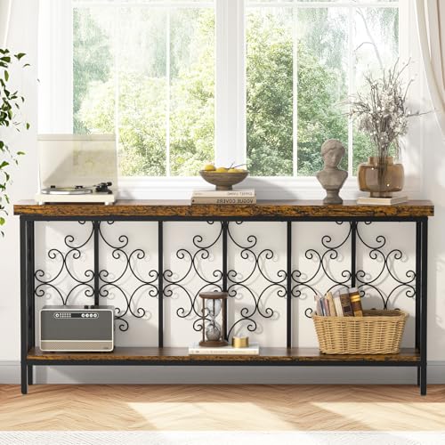 ikkle 70.9" Extra Long Console Table, Industrial Narrow Sofa Table Behind Couch with 2 Tier Storage Shelf, Entryway Hallway Accent Table for Living Room, Foyer, Rustic Brown ikkle
