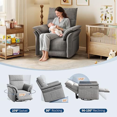 IDEALHOUSE Power Recliner Chair, 270 °Swivel Rocking Glider with USB Charging Port, Chenille Upholstered Fabric and Double-Layer Armrests, Nursery Chair for Living Room, Nursery(Gray)