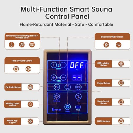 PABIMIA 2-Person Infrared Sauna, Smart App Control, WiFi & Bluetooth, Low EMF 1500W/120V LCD Heater, Indoor Home Sauna with Flame-Retardant Materials PABIMIA