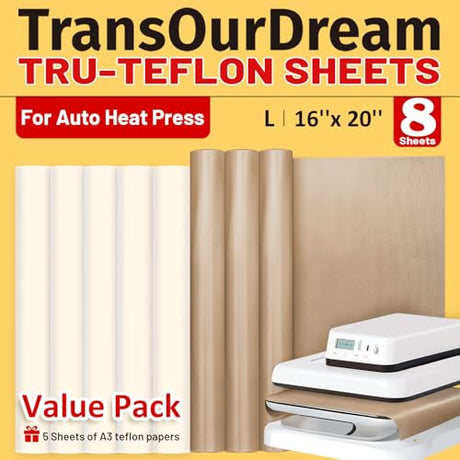 TransOurDream 3 PTFE Teflon Sheets 16×20"& 5 Teflon Papers A3 for Heat Press Transfer Sublimation Paper and Heat Transfer Paper Reusable Heat Resistant Non Stick TransOurDream