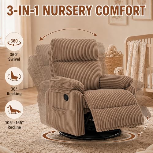 Super Soft Brown Rocking Chair Nursery Recliners, Small Recliner Rocking Chair for Small Spaces, Manual Swivel Glider Recliner for Living Room Bedroom Office, Corduroy, Adjustable Backrest (Brown)