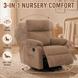 Super Soft Brown Rocking Chair Nursery Recliners, Small Recliner Rocking Chair for Small Spaces, Manual Swivel Glider Recliner for Living Room Bedroom Office, Corduroy, Adjustable Backrest (Brown)