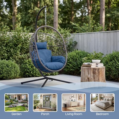 DoubleTT Hanging Egg Chair with Stand - 350lbs Capacity Outdoor Patio & Indoor Living Room Furniture, Waterproof PE Rattan Wicker Swing Seat with Cushion, Foldable Seat for Garden, Balcony, Backyard