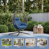DoubleTT Hanging Egg Chair with Stand - 350lbs Capacity Outdoor Patio & Indoor Living Room Furniture, Waterproof PE Rattan Wicker Swing Seat with Cushion, Foldable Seat for Garden, Balcony, Backyard