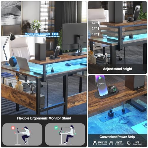 Hyomdeck DIY U Shaped Desk & L Shaped Office Desks with Adjustable Monitor Stand, RGB LED Lights and Power Outlets, Reversible L Shape Computer Gaming Desk with Storage Shelves, Rustic Brown