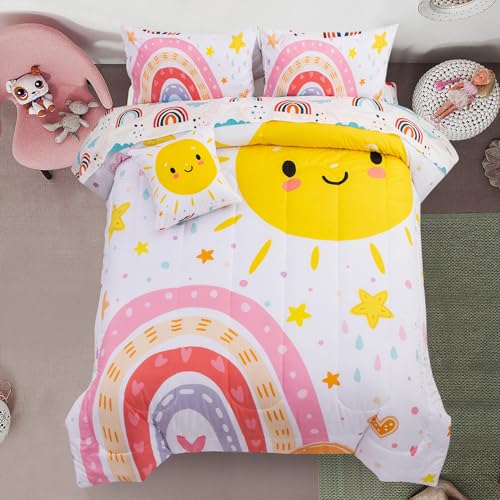 A Nice Night Bedding 6 Pcs Cartoon Rainbow Bedding Set with Smile Sun Printed for Boys Girls Bed Comforter Sets (White, Twin) A Nice Night