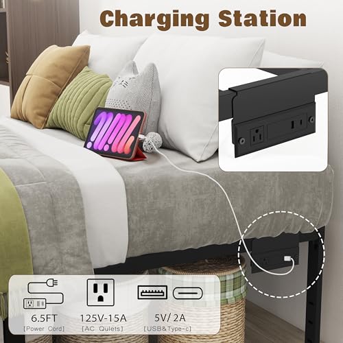 HusDream King Size Bed Frame King Platform Bed Frame with LED Lights 14 Inch Tall Mattress Base No Box Spring Needed Modern Beds with Charger Station,Anti-Sliding,Noisy Free (14 Inch, King) HusDream
