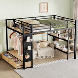 ICIUIOIR Queen Loft Bed Frame with Shelves, Drawers, Pegboard and Wardrobe, All-in-One Black Storage Loft Beds for Adults, MDF + Metal Bed Frame, Space-Saving Design for Bedroom/Queen ICIUIOIR
