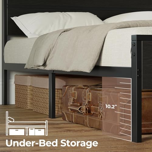 Rolanstar Bed Frame Twin Size with Charging Station, LED Twin Bed Frame with Wood Headboard, Platform Bed with Metal Slats & Under Bed Storage, No Box Spring Needed, Noise Free, Black Oak Rolanstar