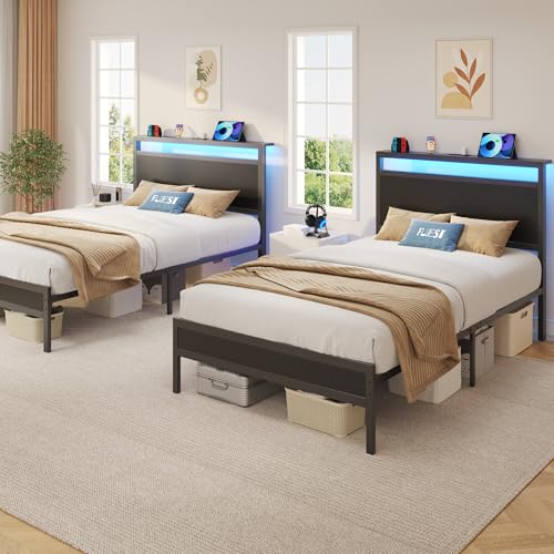 Fluest Twin Bed Frame with Headboard & Footboard, Twin Bed Frame with Charging Station & LED Light, Under-Bed-Storage, No Box Spring Needed, Noise Free, Easy Assembly, Classic Black Fluest
