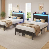 Fluest Twin Bed Frame with Headboard & Footboard, Twin Bed Frame with Charging Station & LED Light, Under-Bed-Storage, No Box Spring Needed, Noise Free, Easy Assembly, Classic Black Fluest