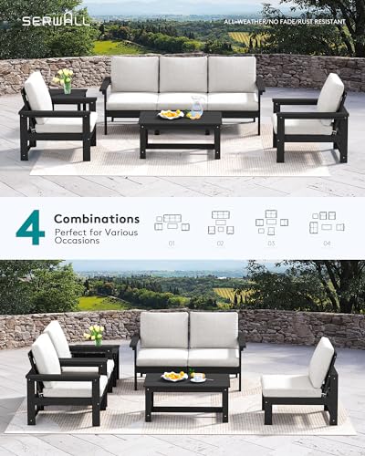 SERWALL HDPE Outdoor Patio Furniture Set, 7-Piece Outdoor Sectional Patio Conversation Set, All Weather Outdoor Couch Set Patio Sofa Set for Deck, Lawn, Black Frame with Khaki Cushion SERWALL