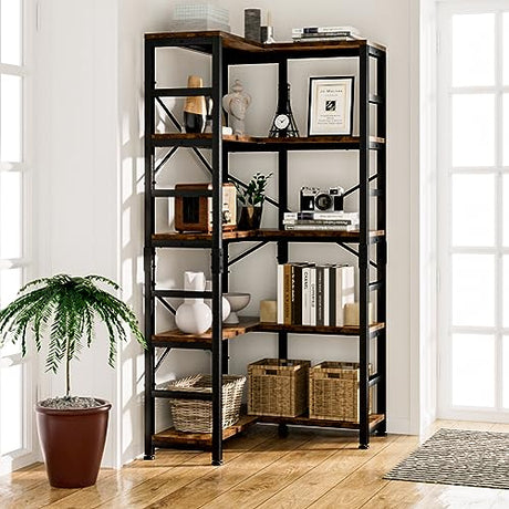 NUMENN Vintage 5 Tier Corner Bookshelf - Modern Open Shelf Bookcase for Living Room, Bedroom, and Home Office NUMENN