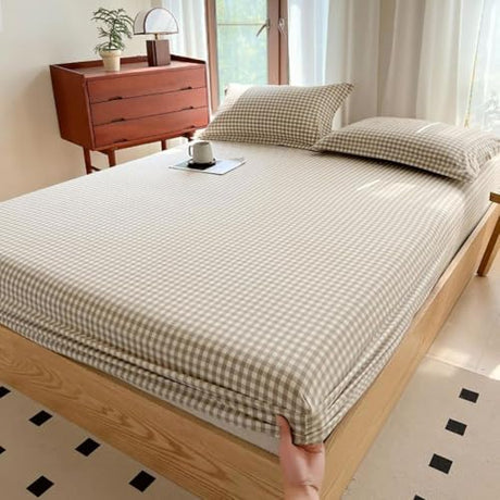 Tan Gingham Fitted Sheet Queen 100% Washed Cotton Taupe Plaid Queen Bed Sheet Grid Single Bottom Sheet with 15" Deep Pocket Gingham Bedding Grid Sheet 1 Piece Cotton Breathable Mattress Cover LifeTB