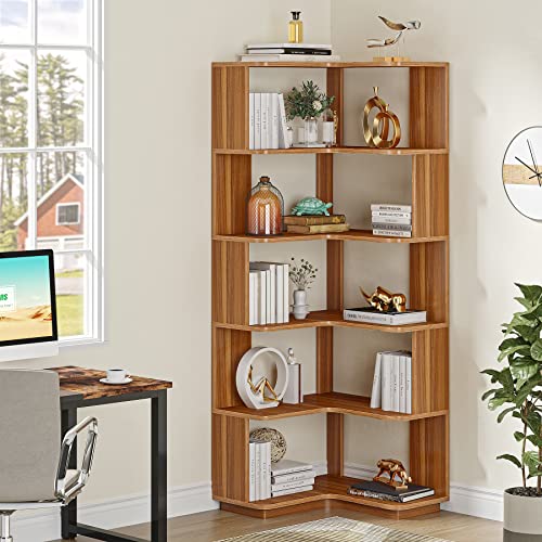 Tribesigns 6 Tier Industrial Corner Bookshelf with Anti-Fall Design - 64.9 Inch Freestanding Wood Grain Rack for Home Office Storage - WoodArtSupply