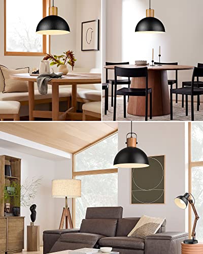 ELYONA Industrial Pendant Light, Rubber Wood Dome Hanging Lamp with 12" Hammered Metal Shade, Modern Pendant Light Fixtures for Kitchen Island, Bar, Farmhouse Dining Room, Bedroom, Hallway - Black ELYONA