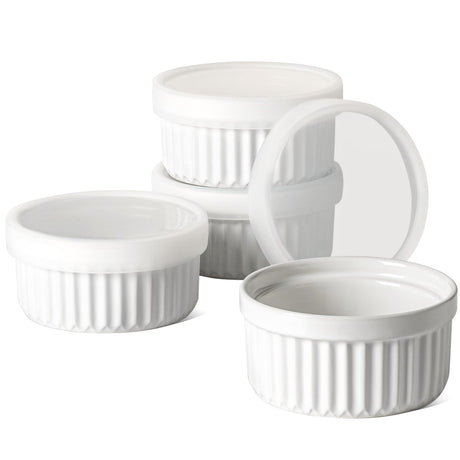 LE TAUCI Ramekins with Lids, 8 OZ Ramekins Oven Safe, Creme Brulee Ramekin Bowls, Ceramic Souffle Dishes with Covers, Custard Cups for Baking, Pudding, Serving Dip, Ice Cream, Set of 4, White LE TAUCI