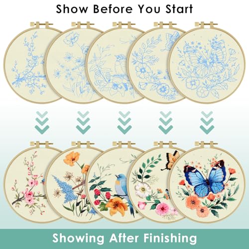 ERKOON 5 Sets Embroidery Kit for Beginners, Hummingbird Cross Stitch Set for Include Embroidery Cloth Hoops Threads for Craft Lover Hand Stitch (Hummingbird and Butterfly)