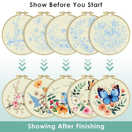 ERKOON 5 Sets Embroidery Kit for Beginners, Hummingbird Cross Stitch Set for Include Embroidery Cloth Hoops Threads for Craft Lover Hand Stitch (Hummingbird and Butterfly) ERKOON