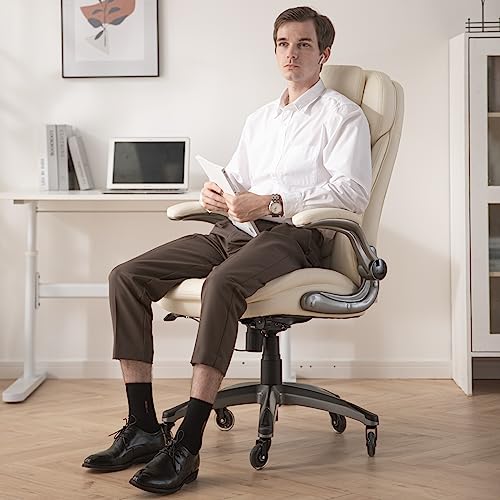 COLAMY Ergonomic High Back Office Chair, Ivory Bonded Leather Executive Desk Chair with Flip-up Arms, Thick Cushion, Silent Nylon Wheels, Adjustable Height & Rocking Function, 300lbs Capacity COLAMY